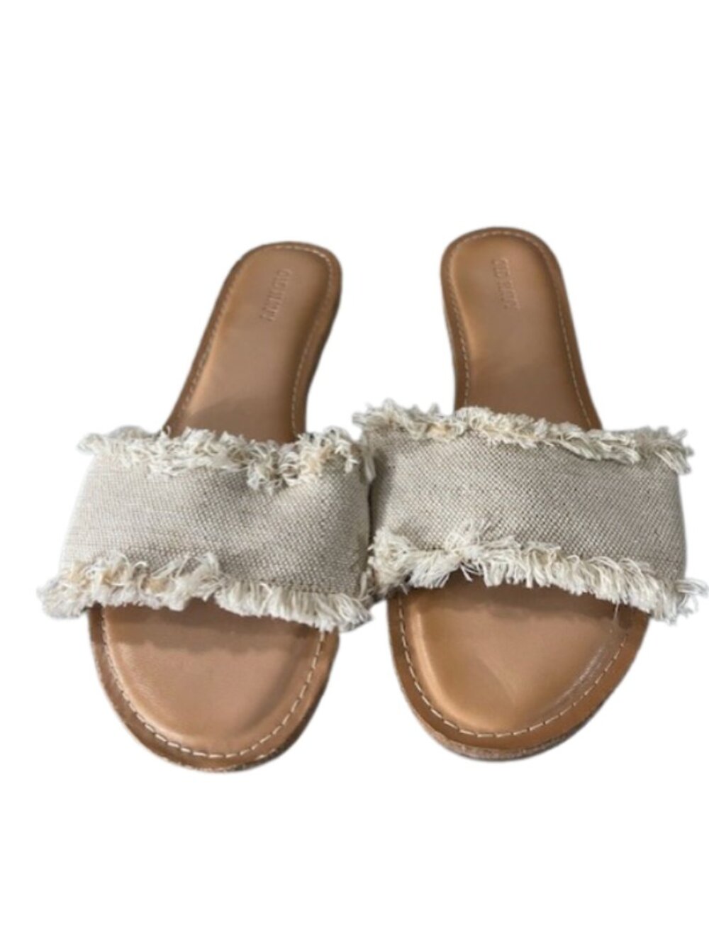 Old Navy Flattered Woven Flat Sandals Beige Cream SlipOn Slides Fringe Rattan